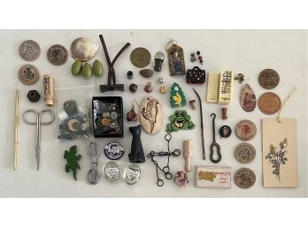 Trinket And Miniature Collection - Wood Nickels, Buttons, Miniature Dominos, Pins, And More