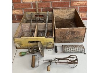 Vintage And Antique Kitchen Lot - Shurfine And Coca Cola Wooden Crates, Egg Beaters, Ladles, And Grater