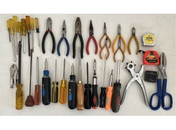 Hand Tool Lot - Screwdrivers, Assorted Pliers, Tape Measures, & More