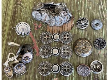 Collection Of Antique Buttons - Victorian Repousse 2 Piece Buckles, Pressed Metal Flowers, Peacock, And More