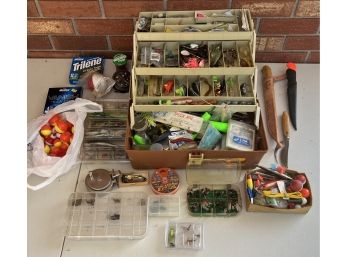 Vintage Plano Tackle Box With Large Fishing Lot - Flies, Weights, Bobbers, Lures, Filet Knives, And More