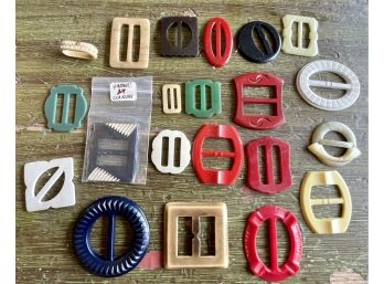 Lot Of Vintage Buckles - Celluloid, Casein, Rhinestone, And More - Assorted Colors And Sizes