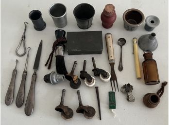 Vintage And Antique Trinket Lot - Casters, Baby Thermometer, Pewter Thimbles, Tin Box, And More