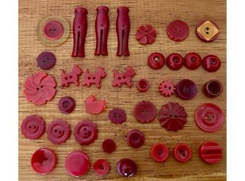Lot Of Assorted Shape Vintage Cherry Red Bakelite Buttons - Dogs, Ducks, Clothespins, And More