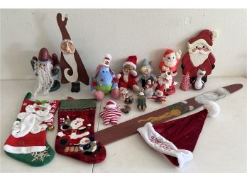Vintage Christmas Lot - Stocking, Material, Wood, Ceramic, Santa, Figures, And More