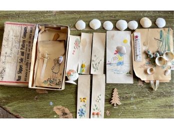 Lot Of Victorian Handmade Paper Place Cards With Painted Shells, Thermo Meter, And Lingerie Pins