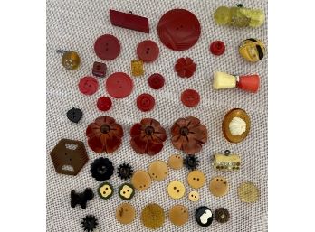 Lot Of Cherry Bakelite, Lucite, And Rhinestone Metal Shank, Flat Hole, And Self Shank Buttons, (1) Cameo