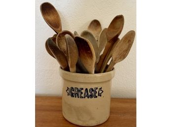 Vintage Stoneware Grease Crock W Primitive Wood Spoons & Mixing Utensils
