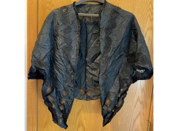 Antique Victorian Mourning Black Lace And Net Satin Shawl
