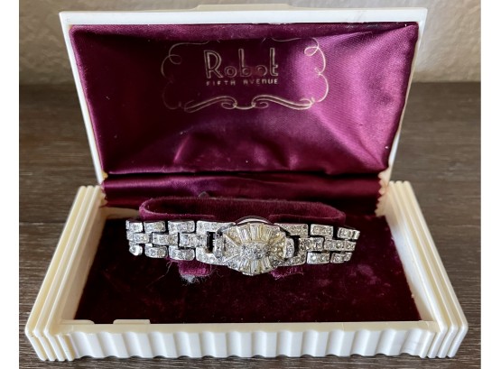 Vintage Robot 5th Avenue Rhinestone Encrusted Bracelet Watch 27 Jewel Swiss Made In Original Celluloid Box