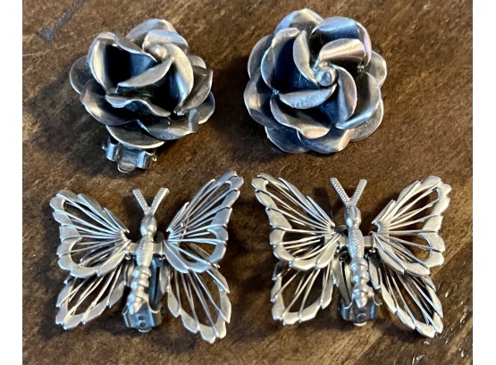 (2) Pair Vintage Sterling 925 Made In Mexico (1) Wire Butterflies & One Silver Flower Pair Of Earrings 26.5 Gr