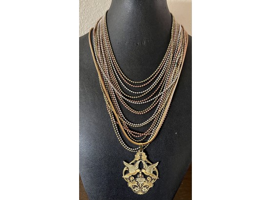 Vintage Tri Color Metal Small Bead Multi Strand Choker & Gold Tone Necklace With Bird Pendant