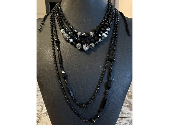 Jet Black Mourning Faceted Hand Knotted Bead Necklace (1) Art Glass Bead (2) Choker Jet Black West Germany