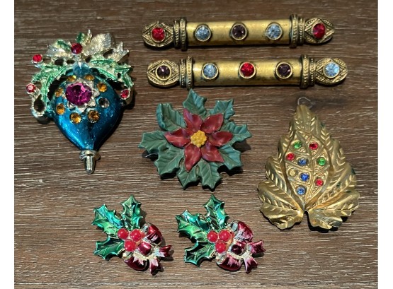 Vintage Holiday Christmas Enamel Pins Holly, Bar Pins & More