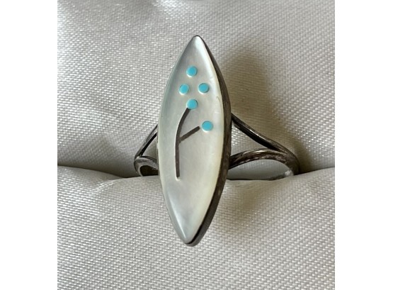 Ella Cowboy Native American Sterling Silver Signed Mother Of Pearl Inlay Zuni Ring