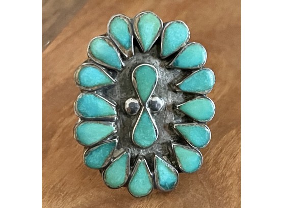 Sterling Silver And Turquoise Zuni Inlay Ring Size 6.5 And Weighs 6.8 Grams