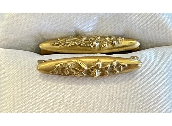 (2) 10K Gold Art Nouveau Repousse Floral Lingerie Pins