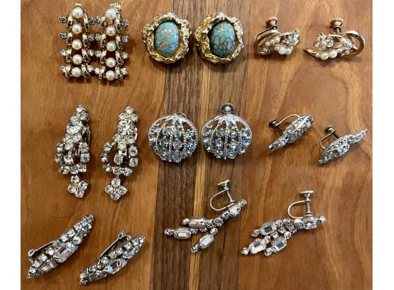 (8) Pairs Vintage Screw Back And Clip On Rhinestone Earrings, Coro, Paste Stones, Faux Pearls, Cabochon