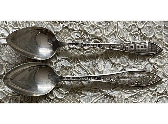(2) Watson Sterling Silver Souvenir Spoons Early 1900's Catalina Island & Chicago Ill Institute Of Art 30 Grms