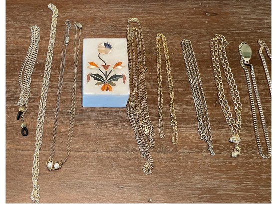 Vintage Stone Inlay Intarsia Box With (10) Gold Tone Necklaces & Glasses Chains