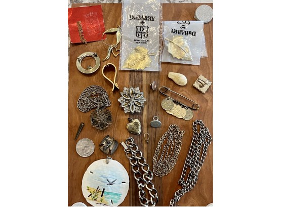 Lot Of Vintage Assorted Jewelry Including Necklaces, Pins, Locket, Silver Tone & Gold Tone Chains, Elk Tooth