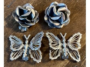 (2) Pair Vintage Sterling 925 Made In Mexico (1) Wire Butterflies & One Silver Flower Pair Of Earrings 26.5 Gr