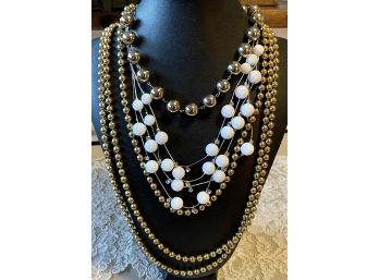 (2) Vintage Brass Ball Bead Necklaces, Silver & White Bead Ball Necklace And Silver Tone Bead Ball Necklace