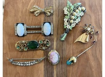 Antique Victorian Rhinestone, Cameo & Enamel Pin Lot Including Hat Pins And Brooches Art Deco
