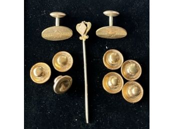 Etched Antique Century Yellow Gold Filled Button Cuff Links Bean Backs, Stick Pin & Gold Shell Tuxedo Buttons