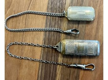 (2) Antique  Watch Fob Chain Belt Clips One Super Plate And One HH Co. Etched Designs