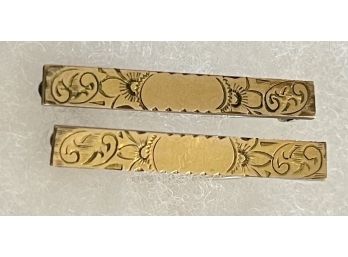 (2) Antique Solid Gold Top Collar Lingerie Pins Etched Tops 1.25' Long 3.2 Grams