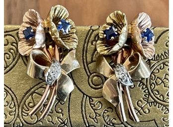 Antique 14K Gold, Sapphire & Diamond Earrings, The C.B. Brown Co. Jewelers Omaha NE 10.1 Grams Screw Back