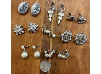 (8) Pairs Of Vintage Clip On & Screw Back Rhinestone Earrings Including Coro, Faux Pearls, Art Deco & More