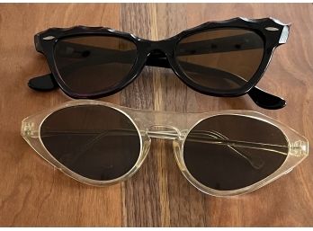 (2) Pairs Of Mid 1950's Cat Eye Glasses One Clear Lucite And One Ruffled Red & Brown Frames Made In The USA