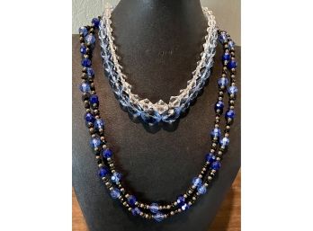 (3) Vintage Clear, Blue & Black Crystal Faceted Bead Necklaces