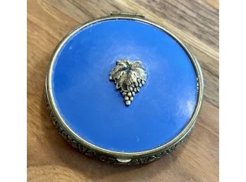 Harry C Foster 1930's Blue Enamel Compact With A Cluster Of Grapes Still Has Powder And Rouge Plus Puff