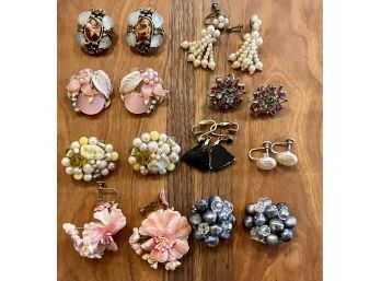(9) Pair Of Vintage Clip On & Screw Back Earrings, Thermoset, Rhinestone, Bead, Faux Pearl, Japan & More