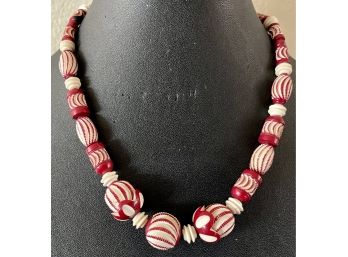Intricate 1930's Carved Celluloid Red & White Bead Necklace
