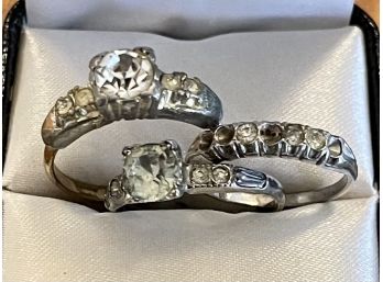 (3) Vintage Rings With Rhinestones (2) Center Rhinestones  (1) Band Small Rhinestones (2) Are Sterling Silver