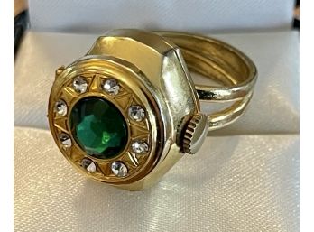 Kander Swiss Made 27 Jewel Watch Adjustable Gold Tone Ring With Green Glass Top And Rhinestones
