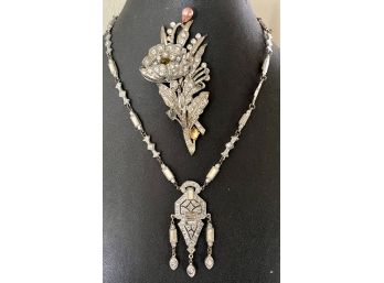 Antique Art Nouveau Rhinestone Flower Pin And Necklace