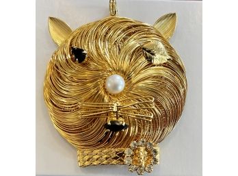 Vintage Large Runway Gold Tone Wire Cat Face With Faux Stone Eyes, Faux Pearl Nose & Rhinestone Collar
