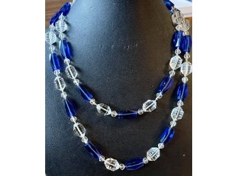 Gorgeous Art Deco 20' Cut Rock Crystal Necklace Sapphire Color Blue Faceted Glass Beads