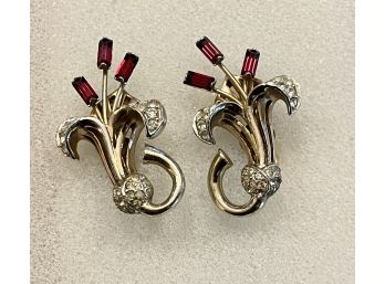 Gorgeous Vintage Marcel Boucher Red & White Rhinestone Clip On Earrings 12K Gold Filled