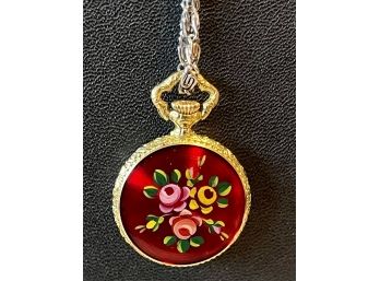 Jean Perret Geneve Red Floral Enamel Pocket Pendant Watch 17 Jewel Swiss Made With Silver Tone Chain Necklace