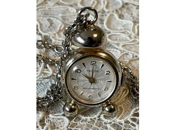 Taylor Swiss Made White Guilloche Enamel Face Shock Protected Miniature Alarm Clock Pendant Watch