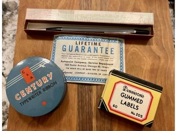 Vintage Autopoint Pencil In Original Box W Lifetime Guarantee, Dennison's Gummed Labels Box & Century Tin