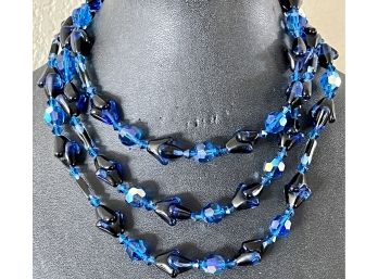 Vintage Black And Blue Murano Art Glass Bead & Crystal Three Strand Necklace