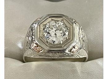 Rare Antique Men's European Cut 1.6 Carat Diamond & Hand Carved White Gold 14k Ring Weighs 12 Grams