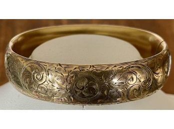 WMC Wolcott Manufacturing Company Etched Wide Antique Art Nouveau Gold Filled Bangle Bracelet